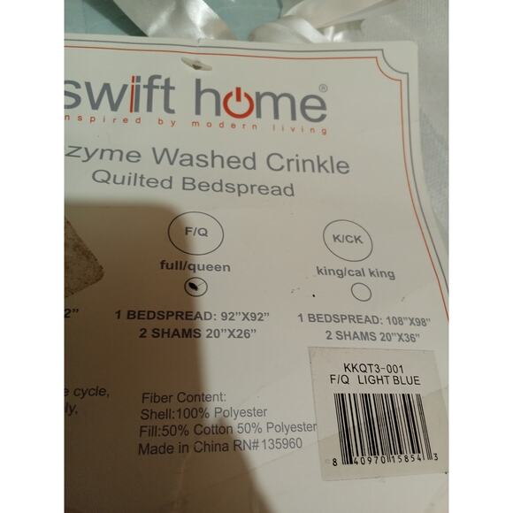 Swift Home Enzyme Washed Crinkle Quilted Bedspread Light Blue Full / Queen - Picture 6 of 8